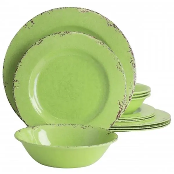 Mauna Melamine Dinnerware Set - Crackle Green, 12-Piece, Lightweight, Durable Dinner Sets