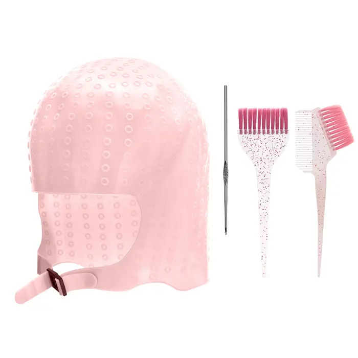 Set of 4 Reusable Silicone Hair Highlighting Caps with Holes and Hooks, Hair Dye Brushes and Combs for Hair Dyeing, Hair Styling, and Highlights, Salon Tool Set