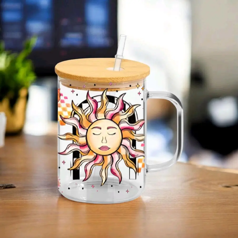 15oz Glass Cup w Handle - Sun/Moon Collection
