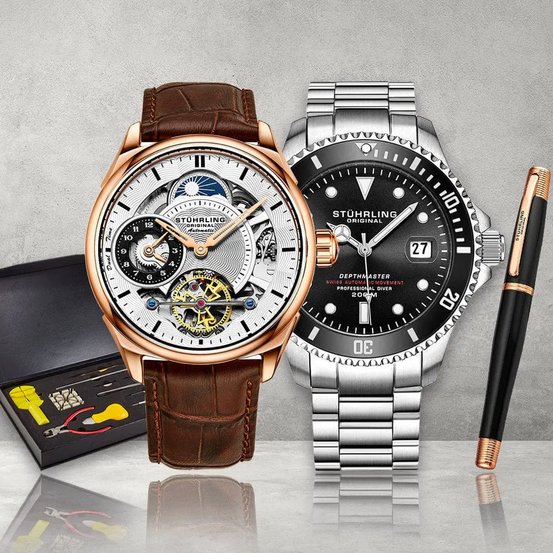 Men's Exquisite Gift Set with an Automatic Mechanical Skeleton Watch, a Water Resistant Diver Watch, Stainless Steel Pen, and Tool Kit., Exquisite Watch Set, Mechanical Watch