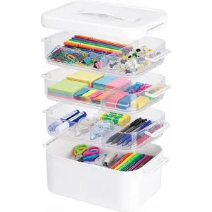 4-Layer Plastic Craft Storage Containers with Removable Trays,Multipurpose Craft Organizer and Storage Box with Lids and Handle,Clear Art Supply Storgae Organizer for Organizing Tool,Sewing,Bead FOCHIER F