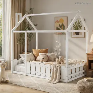 Twin Size Pine Wood House-Shape Toddler Bed Frame with Roofed Fence - White Unique Bedroom Furniture for Kids (Slats Not Included, Old SKU: WF194274AAK)