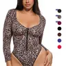 Shapellx Seamless Full-Body Zipper Shaper Leopard Print Bodysuit | Fitted Long Sleeve Shapewear with Bust Support & Thong Bottom for Women Back to School