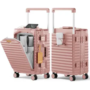 Joyway 20 Inch Carry on Luggage with Aluminium Frame and Front-opening Pocket, PC Hardshell Suitcase with USB Port, Cup Holder, TSA Lock and Spinner Wheels