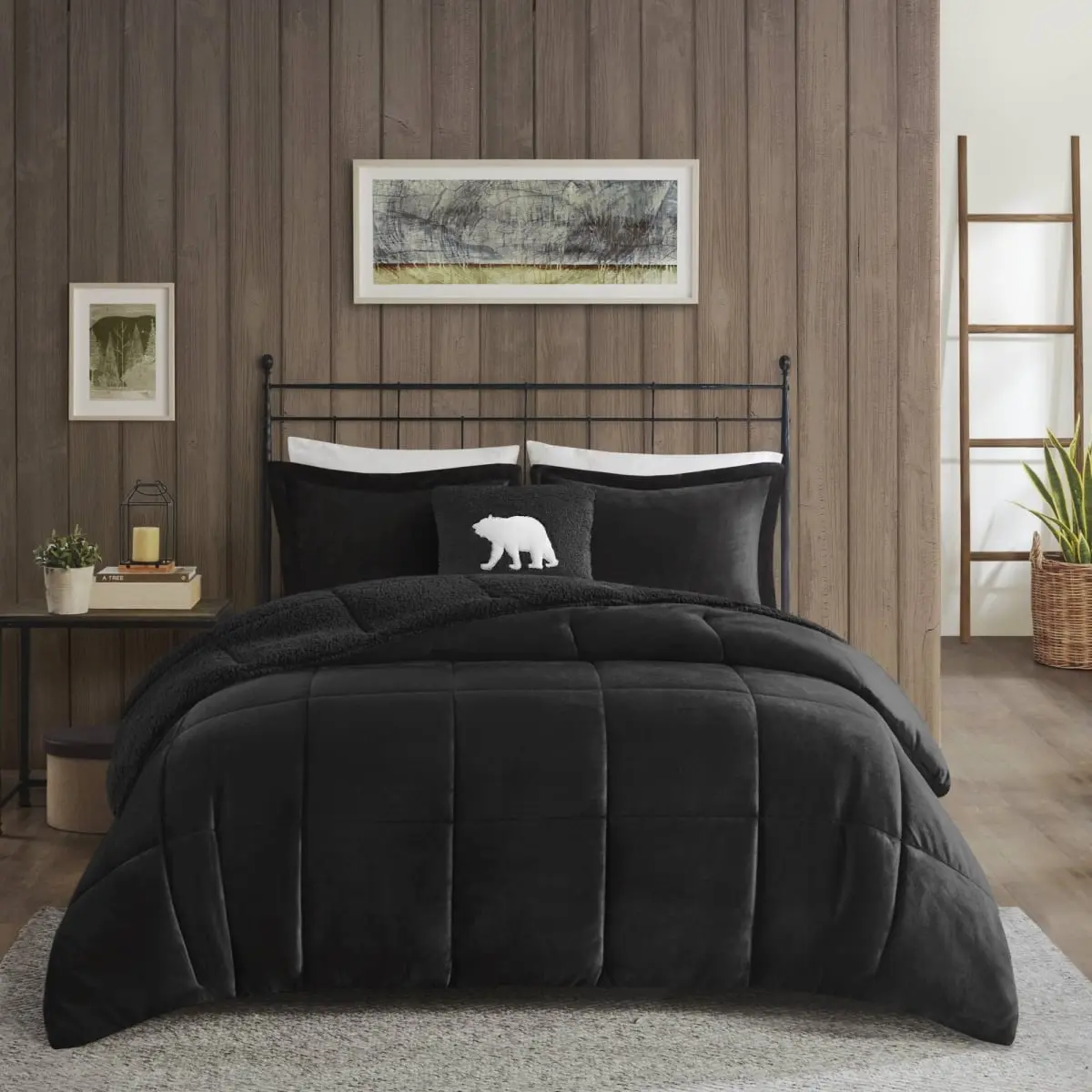 Woolrich WR10-4106 Plush-to-Sherpa Down Alternative Comforter Set - Full & Queen Size, Black, Cabin Retreat, Machine Washable, Comfortable Soft Bedding Sets Collections