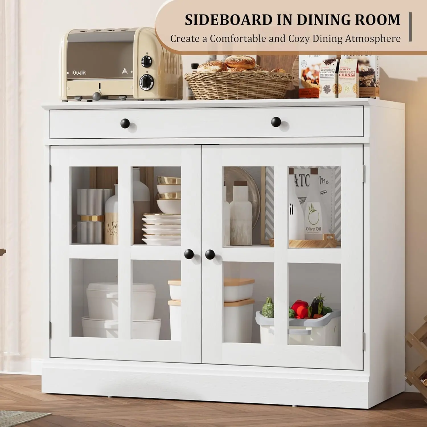 OP-Kitchen Storage Cabinet, 2 Glass Door Buffet Sideboard,Modern design, Anti-tipping Design ,Wooden Drawer, Durable MDF Back Panel, Modern Coffee Bar Cabinet with Adjustable Shelf ,Multiple colors%types
