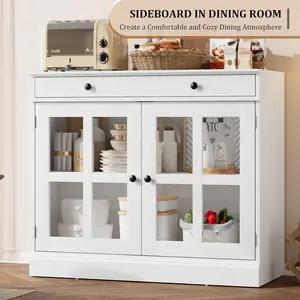 OP-Kitchen Storage Cabinet, 2 Glass Door Buffet Sideboard,Modern design, Anti-tipping Design ,Wooden Drawer, Durable MDF Back Panel, Modern Coffee Bar Cabinet with Adjustable Shelf ,Multiple colors%types