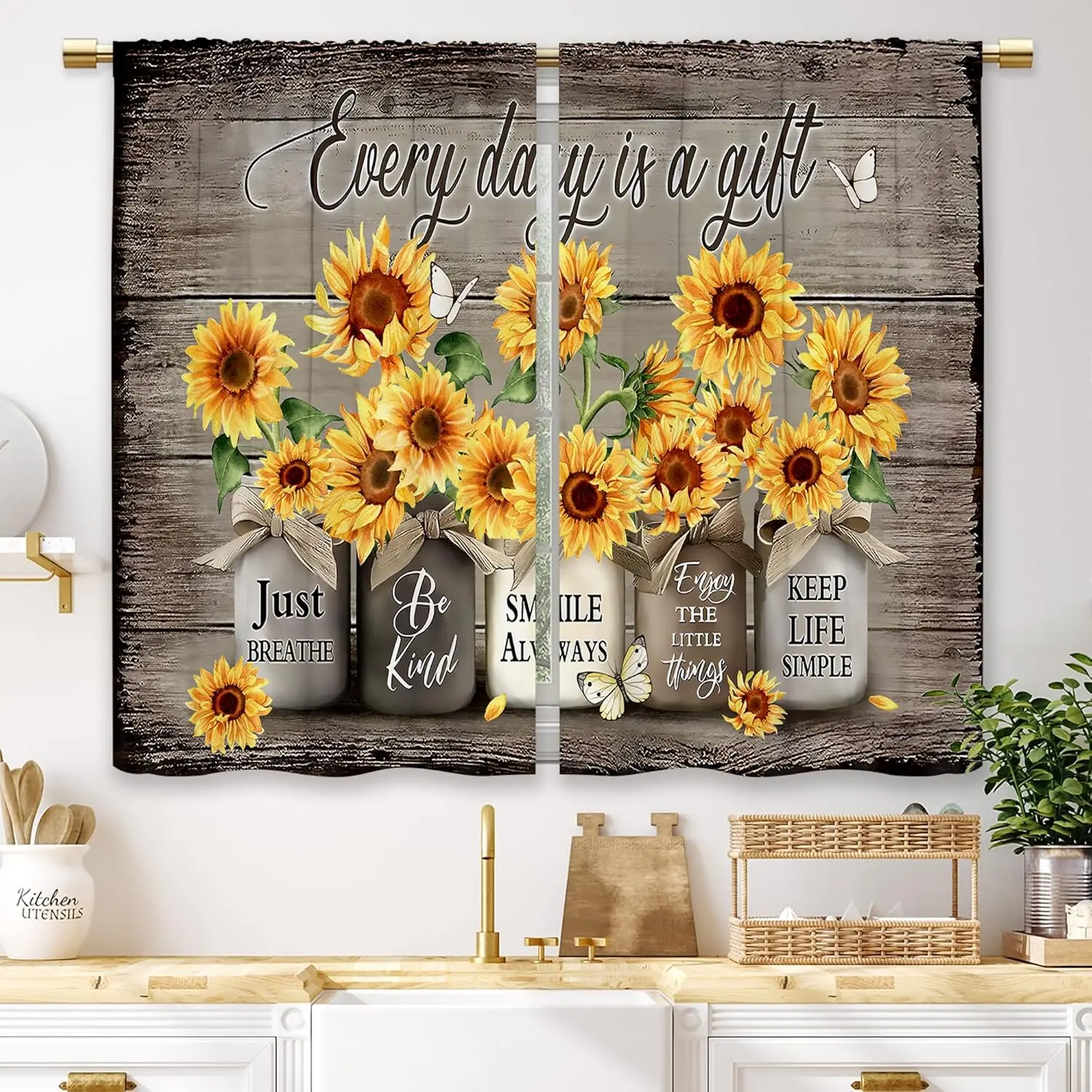 Vintage Sunflower Floral Polyester Curtains - 2-Panel Farmhouse Style Home Cottage Core Cafe Drapes, 06-Sunflower 07-Brown Vase, Wrinkle Resistant, 27.5x39 in, Light Filter for Kitchen Bathroom Windows