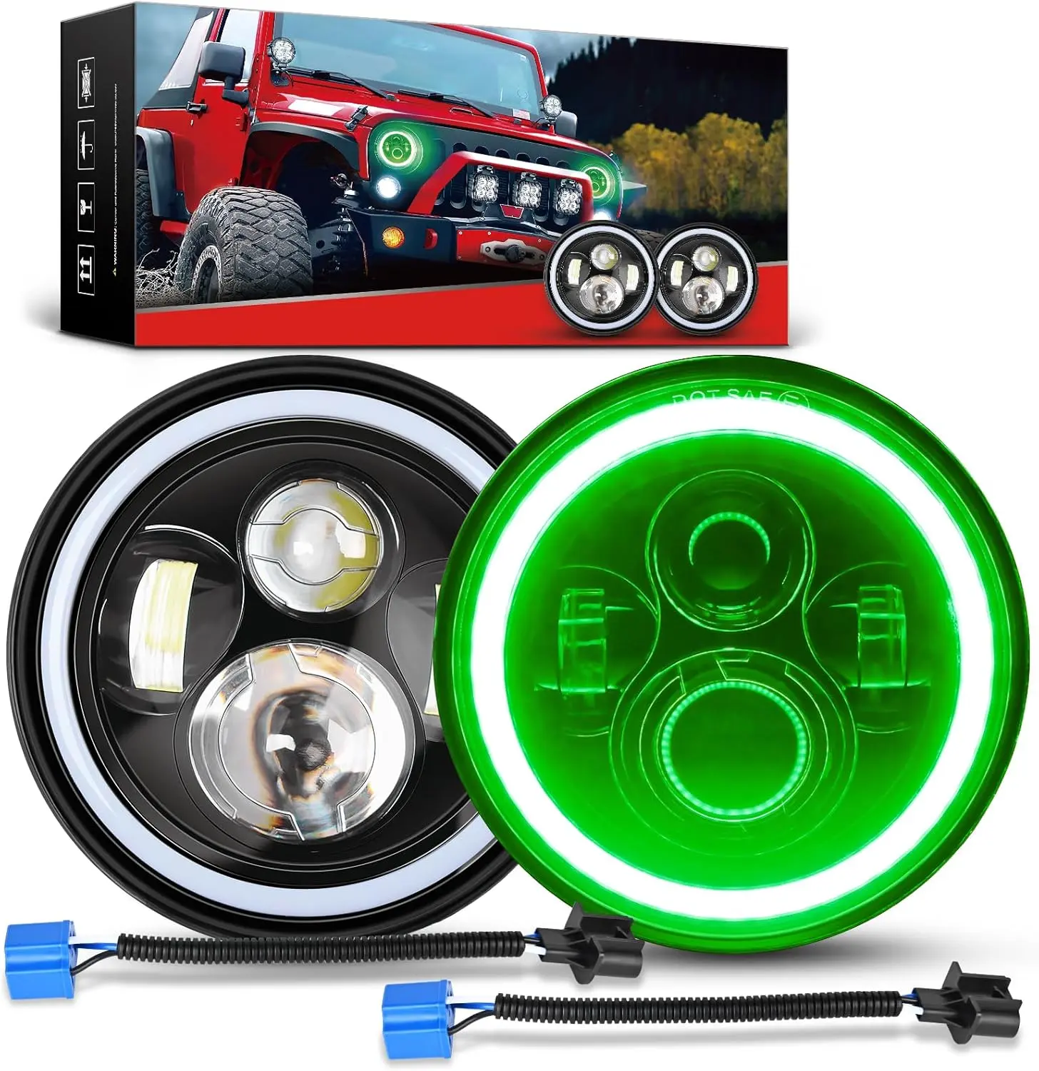 Nilight 7-in Round LED Halo Car Headlight Kit - High Lumen Headlight, Amber Turn Signal, Green DRL, High-Low Beam, Compatible with 2007-2018 Vehicles, Led Headlight Kit