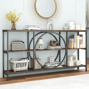 COSTWAY - 3-Tier Console Table with Faux Marble Top and Storage Shelves for Hallway Living Room-Rustic Brown
