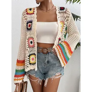 Crochet Open Front Cardigan - Casual Long Sleeve Hollow Out Cardigan for Women - Floral Fabric Knitwear, Comfortable Knitted Design Short Tops Womenswear Knitting