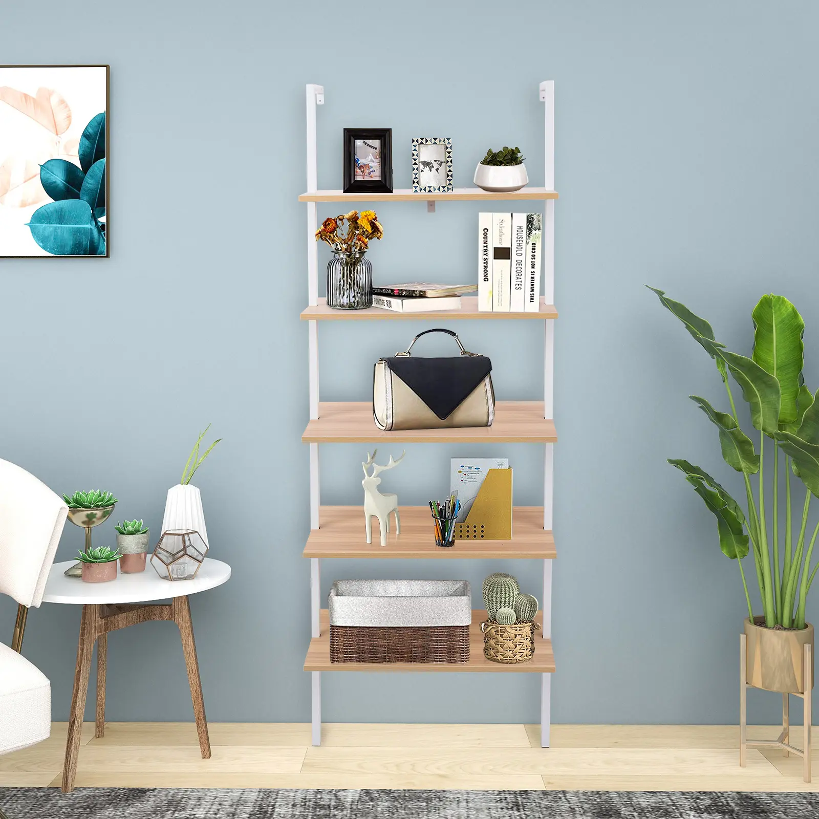 Karl Home 5-Tier Sturdy Wood Ladder Bookcase with Metal Frame - Contemporary Simple 5-Tier Metal Storage Shelf Living Room Furniture, Storage System Shelf, Assembly Required for Home Office Bedroom Organization