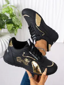 New Gold Dragon Embroidered Colorblock Casual Sneakers, Soft Sole Comfortable Dad Shoes, Lightweight Breathable Women's Fashion Shoes