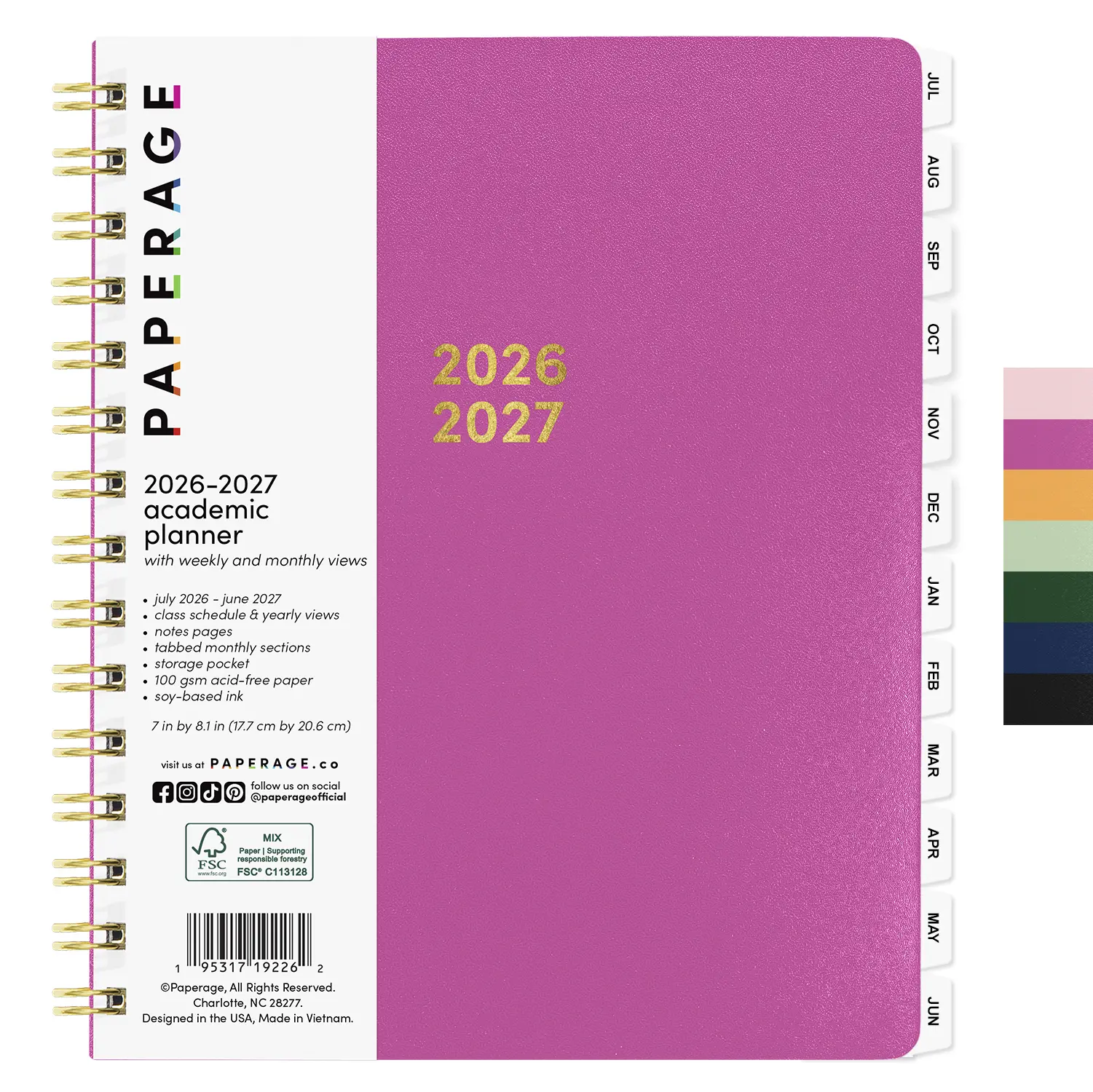 PAPERAGE Academic Planner, Weekly & Monthly Planner & Calendar, 12-Months, July 2026 - June 2027, (7" x 8"), School & Student Planning Agenda with Tabs, Bonus Pages & Inner Pocket