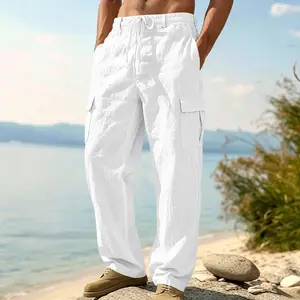 Men's Linen Cargo Pants Loose Fit Straight Leg Casual Outdoor Trousers with Multi Pockets Lightweight Breathable All Season Pants for Summer Style Menswear Outfit Soft
