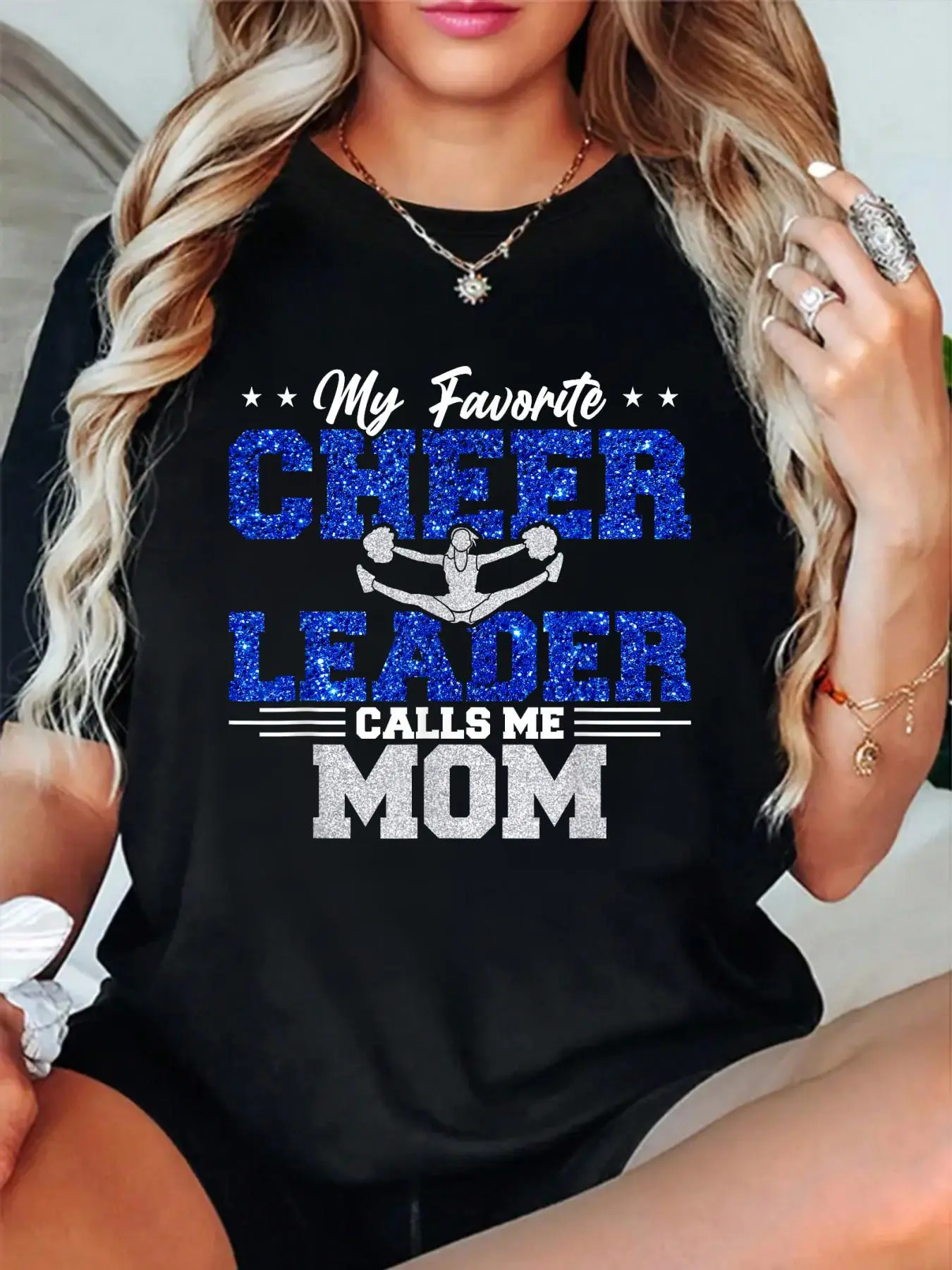 Women's Cheer Mom Graphic Short-Sleeve Cotton T-Shirt - Casual Loose-Fitting Round Neck Top, Small to XX-Large, Party-Ready, All-Seasons Wear, Business-Appropriate, Tumble Dry Safe, Do Not Bleach