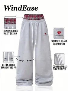 Men's Retro Fake Two-Piece Plaid Waistband Sweatpants, Casual Comfy Sporty Oversized Wide Leg Joggers, Y2K Streetwear Pants for Urban, Athleisure Style Pants