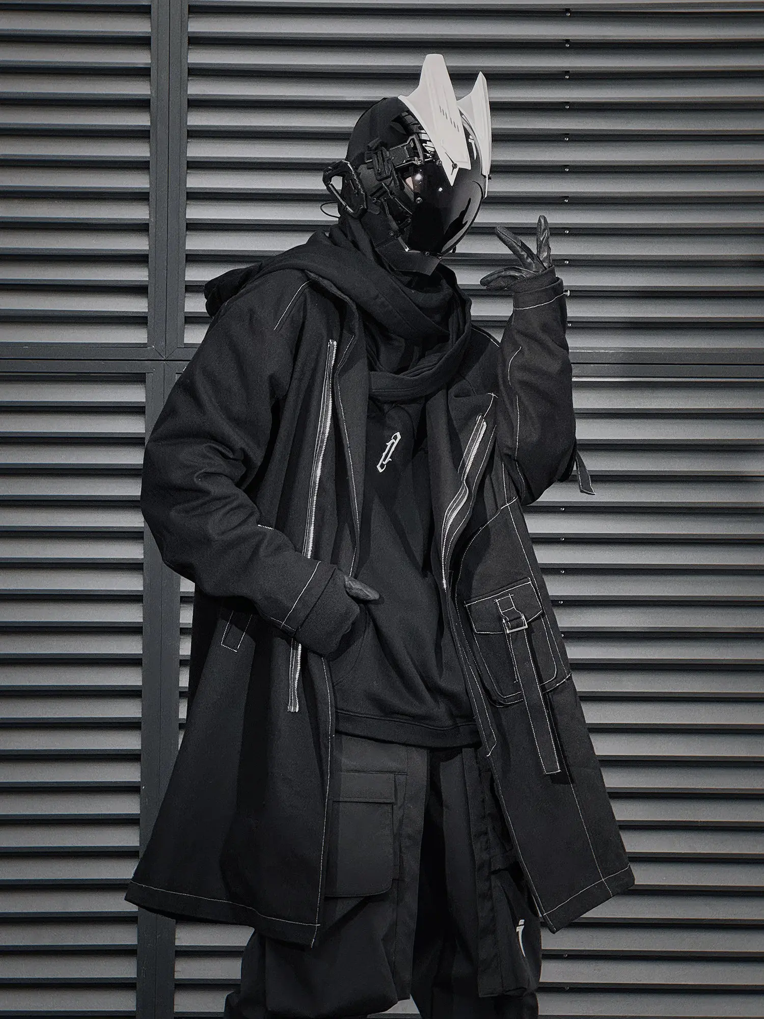 Men's Techwear Cyberpunk Jacket - Heavy Cargo Winter Coat with High Mock Neck, Large Utility Pockets, Embroidered Long Sleeve, Oversized Multi-Size Cyberpunk Look Tops