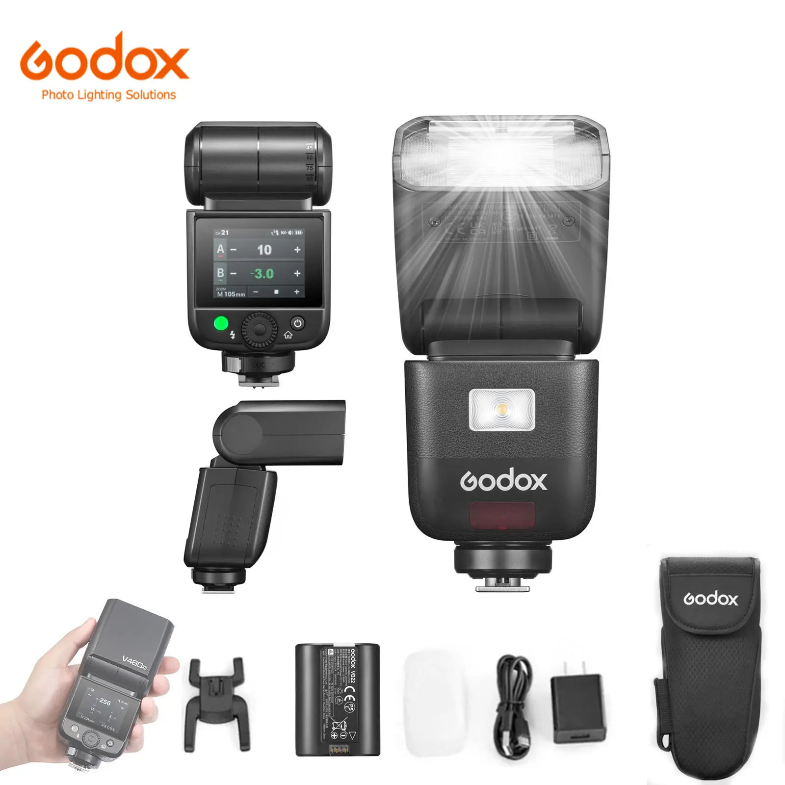 Godox V480-S TTL Speedlight Flash for Sony Cameras, GN50, 1/8000 HSS, 650 Full Power Flashes, 1.7s Recycle Time, 2.4G Wireless, Built-in Modeling Light, 7.2V/2200mAh Lithium Battery, Touchscreen, Tilt Function, 282g, 2 Cells, Camera Tech Accessories, Fast