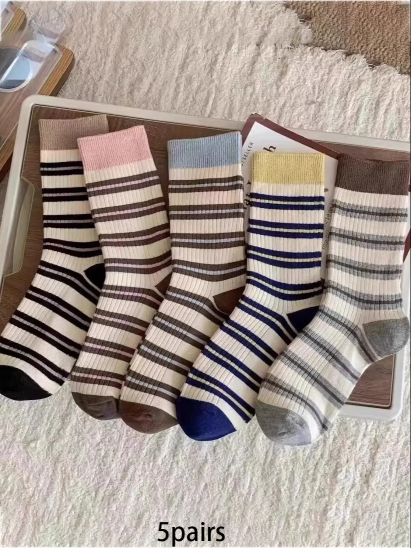 5pairs fashionable colorful striped mid tube socks are comfortable, breathable, non slip and casual socks suitable for couples' daily work and home wear