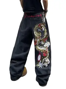 UP.THE Y2K Baggy Jeans Men's Wide Leg Hip Hop Streetwear Dragon Embroidered Wide Leg Jeans black and gray Classic Quality with Button Detail
