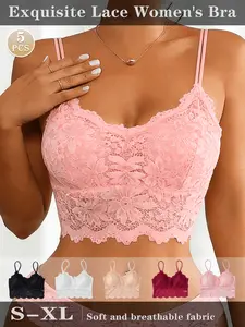 5PCS Bra & Sleepwear 2-in-1! High Stretch Elegant Floral Lace Cami, Seamless & Non-Irritating, Soft Skin-friendly Fabric, Comfortable Enough to Sleep In. Sleep Bralette