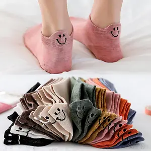 Smiling Face Pattern Assorted Colors 10pcs Cute Face Ankle Socks for Women  Womenswear Comfortable Stylish  sock barefoot  dreams  socks Warm Wool Blend Thermal Crew
