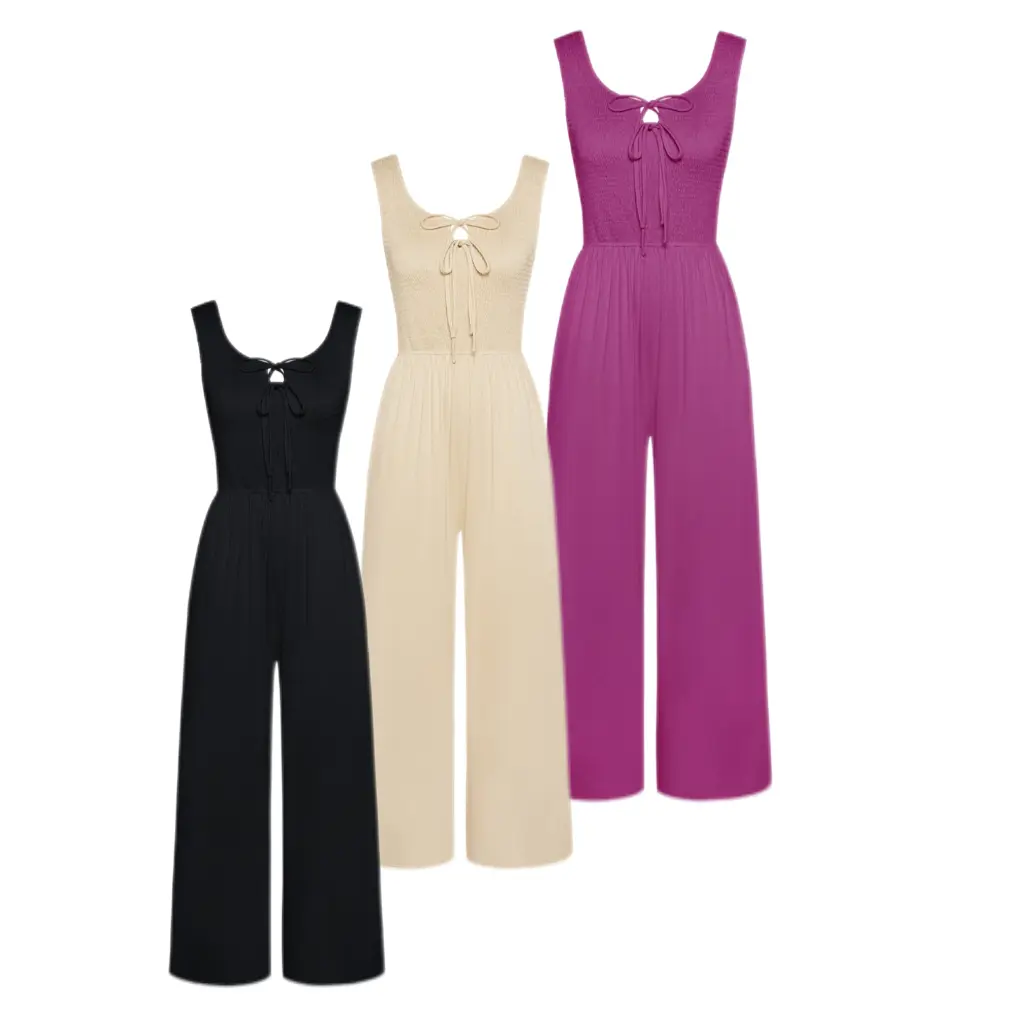 【New Arrival】GRACE KARIN Jumpsuits for Women Bow Tie Front Overalls Smocked Tops Wide Legs Casual Knitted Outfits with Pockets