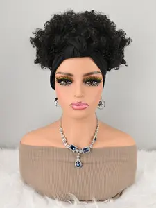 Curly Wig with Solid Headwrap, Synthetic Curly Wigs, Synthetic Hair, Easy Wear Turban Style, All Seasons, Coily Hair, No Ca Prop 65
