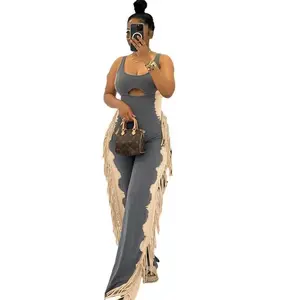D9769 Best Selling Women's Clothing, Fashionable Contrasting Color And Personalized Tassel Casual Leggings Jumpsuits Pants Overalls Sleeveless Womenswear plus size sets outfit sets women skirts sets