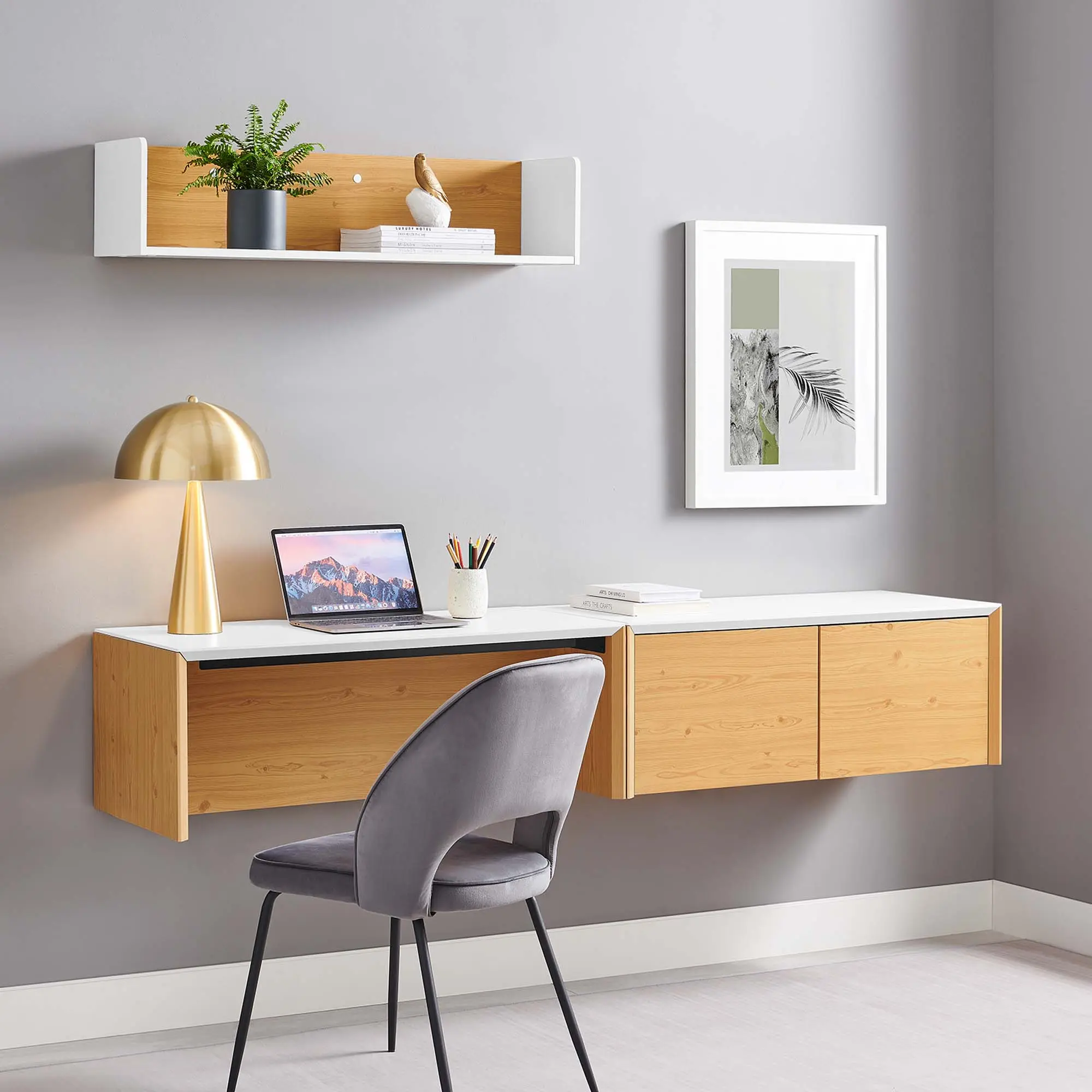 Modway Kinetic 38" Wall-Mount Office Desk, White Natural - With 2-Doors Magnetic-Close Cabinet, Wall Shelf, Assembly Required for Commercial Office, College Dorm