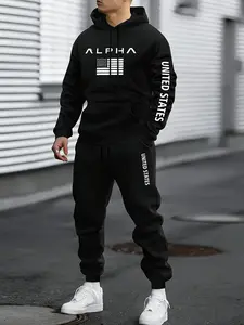 Men's Casual Letter Print Hoodie Set Comfortable Long Sleeve Hooded Sports Shirt with Elastic Waistband Pocket Pants Autumn Winter Edition