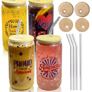4-Pack Glass Tumblers with Bamboo Lids & Straws 16oz Iced Coffee Cups Graduated Markings 4 Drink Recipes Eco-Friendly BPA-Free Kitchen Outdoor Use