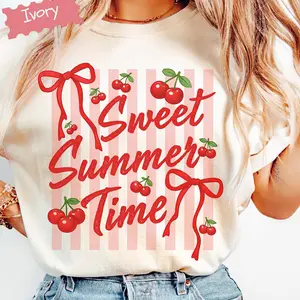 Sweet Summer Time Cherry Shirt, Retro Bow Graphic Tee, Striped Summer Outfit. Summer Shirt.