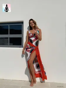 Aura Swim Women's Plus Size Fashion 1-Piece Swimsuit - V-Neck, Tie-Knot Wrap, High-Stretch Abstract Print, Skirted Cut, Thigh Slit, Tummy Control Slimming Fit - Summer Beach, Pool Party Essential, Swimsuits