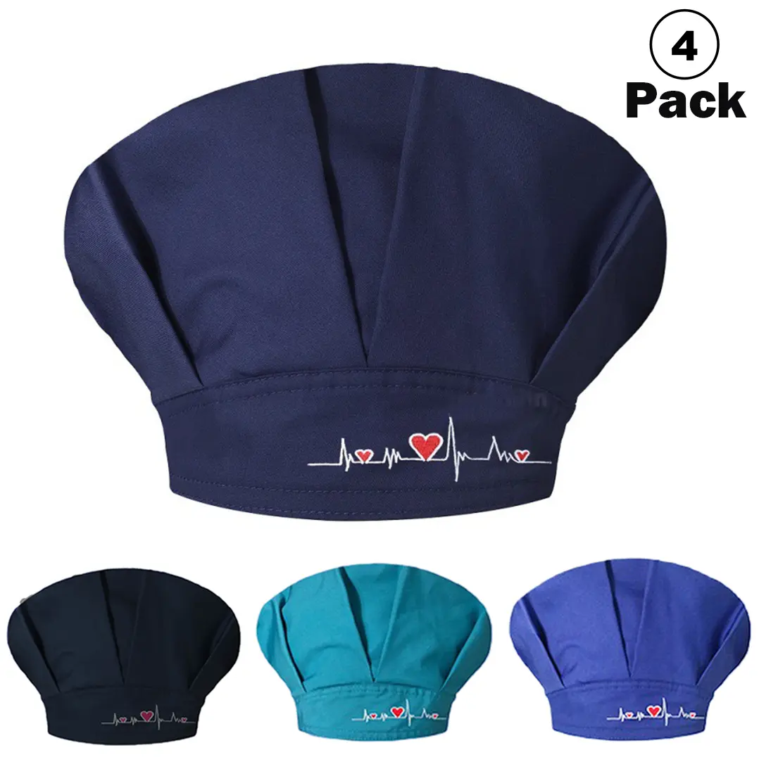 Women's 4-Pack Surgical Scrub Caps, Nurse Hats with Buttons & Ponytail Pouch, Adjustable Tie-Back, Polyester Comfortable Fit, Navy Blue/Teal/Royal Blue, Nursing Hat