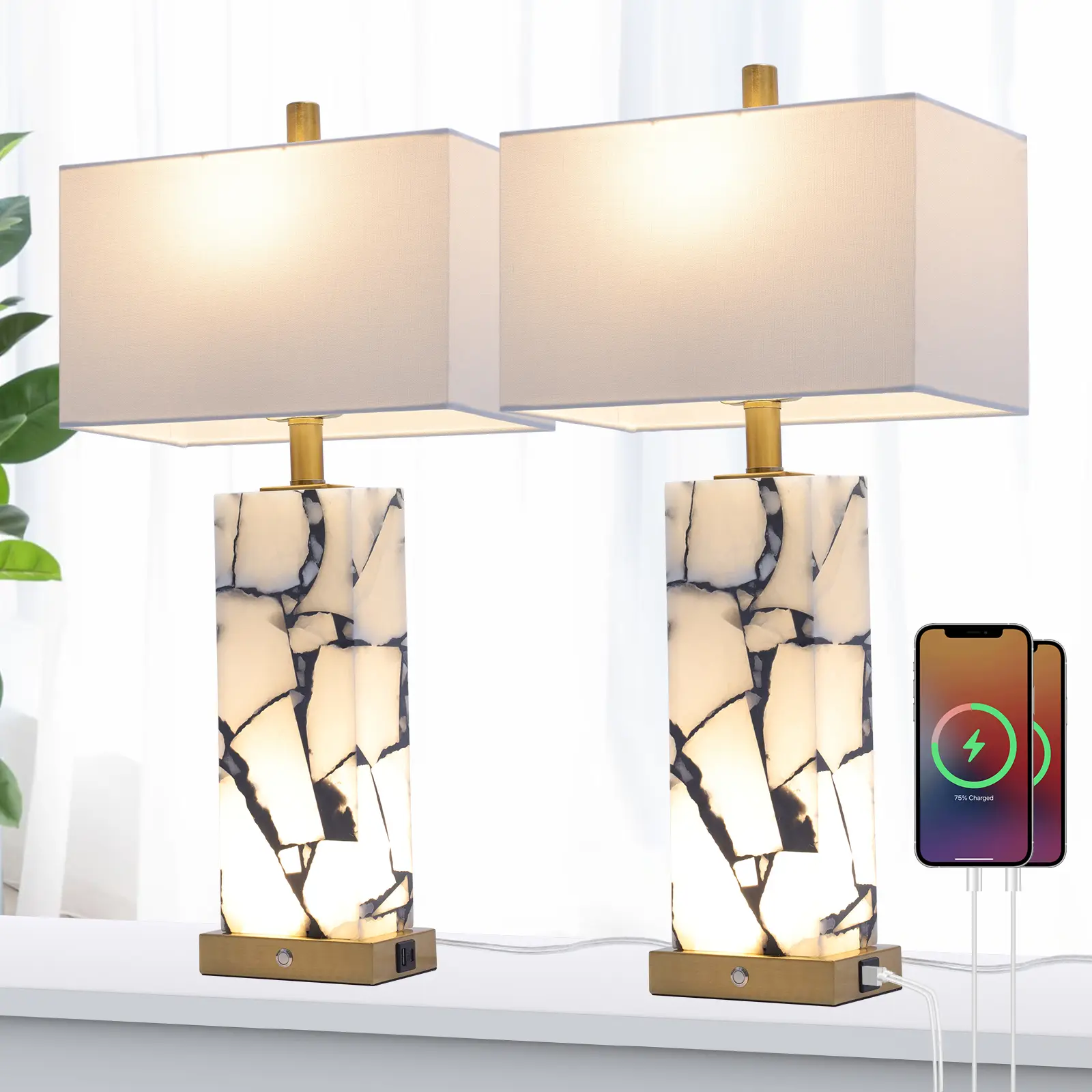 DEMILARE Modern Table Lamp, Nightstand Lamp, Side Table Lamp with,Two Alabaster lamps with a 3-color temperature, Lightlight with 2 USB Ports, Bedside use in bedrooms,Table Lamps in Living Room, Home Decor Lighting Nightlight,SummerFinds,Summer TurnUp