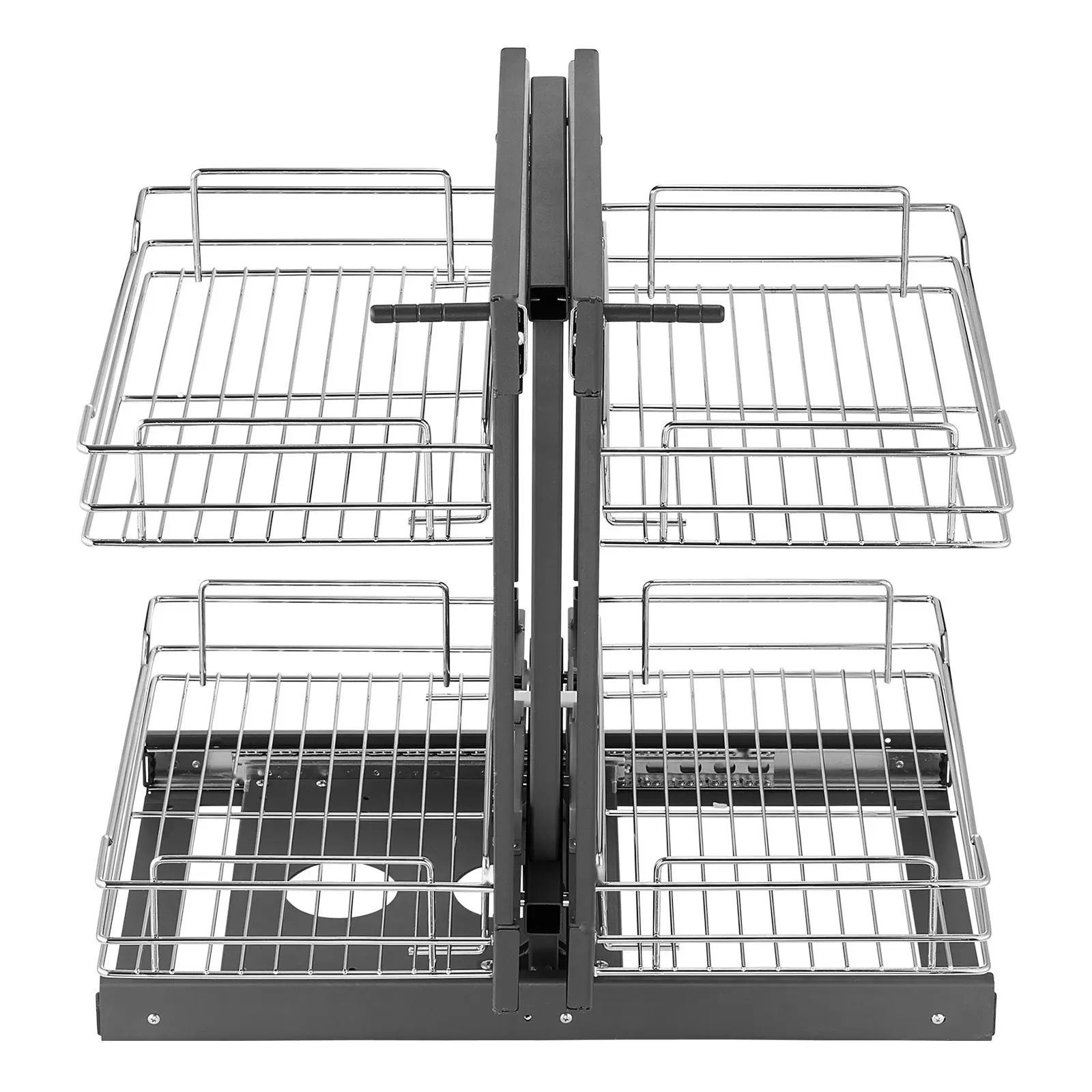 Two-Tier Four-Shelf Blind Corner Pull-Out Organizer In Chrome Finish For Kitchen Cabinets, Easy-Glide Corner Cabinet Basket Storage Solution, Space-Saving Kitchen Organizer To Maximize Narrow Corner Space For Pans And Bottles
