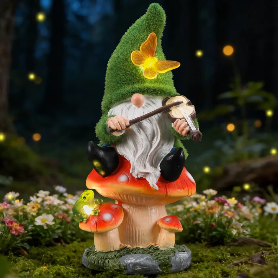 Solar Garden Gnome Figurine - Resin Elf Statue with Solar LED Mushroom, Glowing Butterfly & Frog Lights, Waterproof Outdoor Lawn Ornament for Yd Patio Decor & Housewarming Gifts