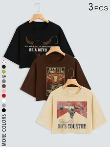Women's 2026 3 Pcs Western Bull Skull Graphic Crop Top Set, Trendy Y2K Country Music Cowgirl Tees, Vintage Aesthetic Tops for Teens & 20s
