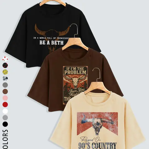 Women's 2026 3 Pcs Western Bull Skull Graphic Round Neck Print Crop Top Set, Trendy Y2K Summer Casual Streetwear Country Music Cowgirl Tees, Vintage Aesthetic Tops for Teens & 20s, Casual Cropped Tee, Womenswear
