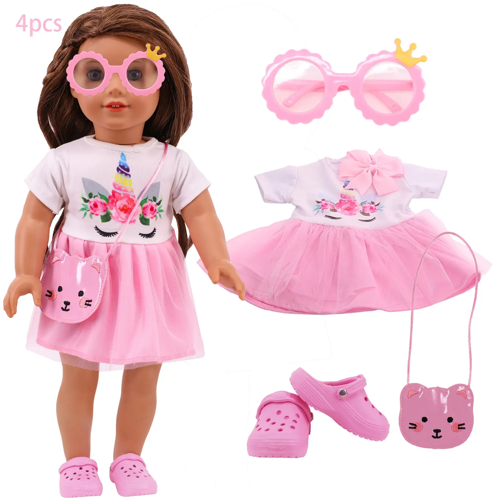 18 Inch American Doll Clothes Set, Doll Clothing, Includes Dress with Bow Hair Clip, Hole Sandals, Crown Glasses, Small Backpack, Doll Clothes Shoes, Doll Accessories, Perfect Gift