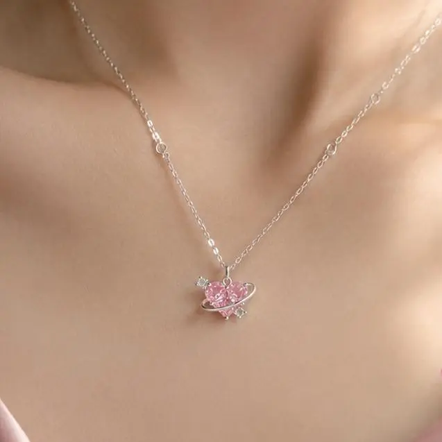 Pink Heart Planet Necklace for Women, Y2K Aesthetic Cubic Zirconia Pendant, Sweet Cool Silver Chain Necklace, Trendy Teen Girls Jewelry Gift,Y2K Pink Heart Planet Necklace for Women Girls,Perfect Birthday Valentines Day Gift for Bestie Girlfriend