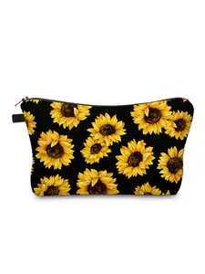 Women's Polyester Portable Makeup Bag, 3D Print Classic Sunflower Pattern, Waterproof Cosmetic Pouch, Cute Fashion Wallet, Travel Organizer