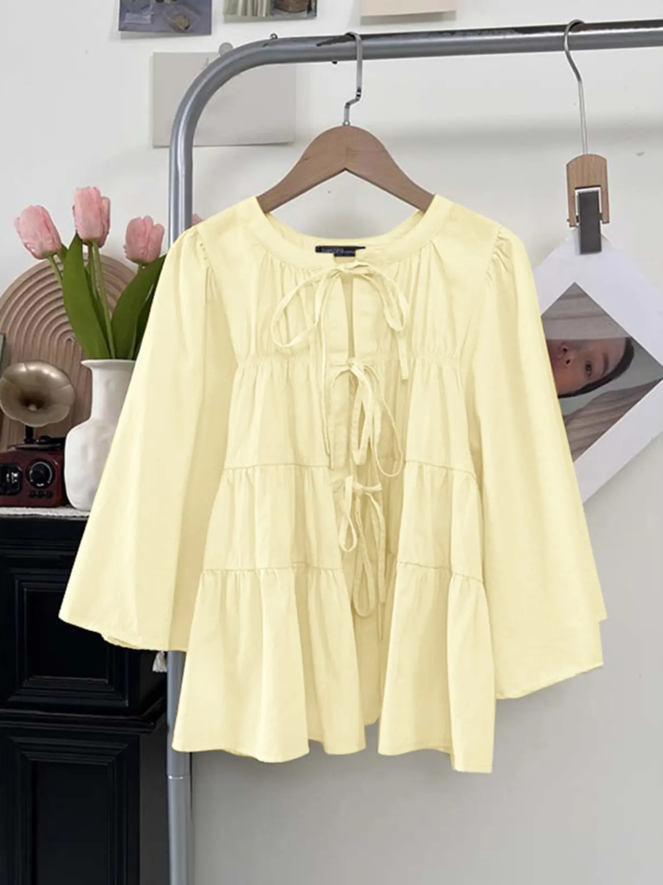 Casual Basic Round Neck Long Sleeve Loose Fit Shirt All Seasons Blouse Top Casual Daily Tops with Front Tie Design, Woven Fabric Breathable Comfortable and Stylish Lady Women's Clothing for Everyday Wear Womenswear