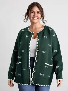 【 Pocket Approved 】 Bloomchic Bowknot Jacquard Wavy Edge Knit Cardigan Oversized Sweater for Women Dark Slate Gray Playful Peter Pan Collar Long Sleeve Christmas Prints Loose Fit Stretch Knitwear Button Wome