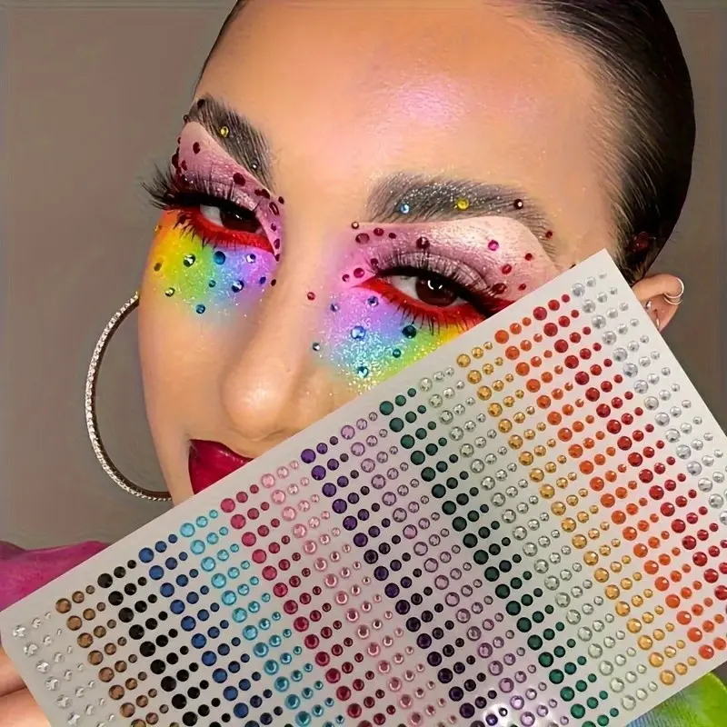900pcs 15 Color Crystal Diamond Stickers, Face Eyebrow Heart Rhinestones, Acrylic Makeup Party Diamonds, 3 Sizes Self-Adhesive Gem Decorations, Anime Design, Craft, Diy Material, Diy Craft Embellishments, Diy Craft Supplies, Diy Products