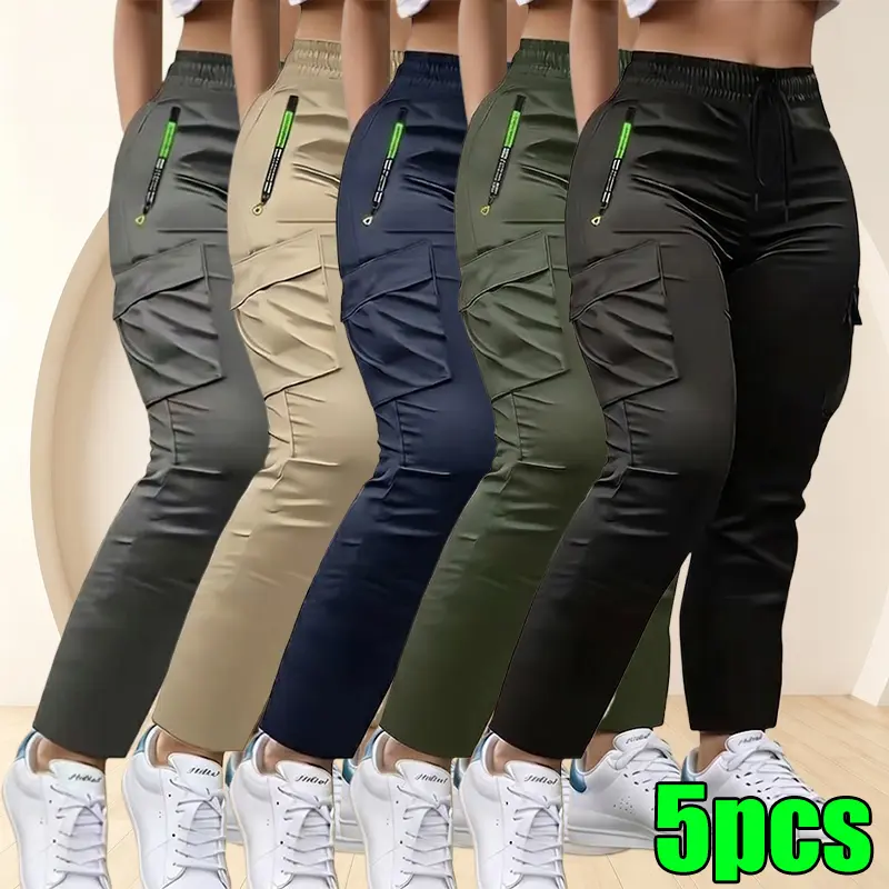 Clean Gent women’s 5-pack driver cargo pants featuring letter print and green color, zippered pockets, and a stylish pleat belt design; casual outdoor long pants with a drawstring elastic waistband, suitable for slow jogging and everyday wear.