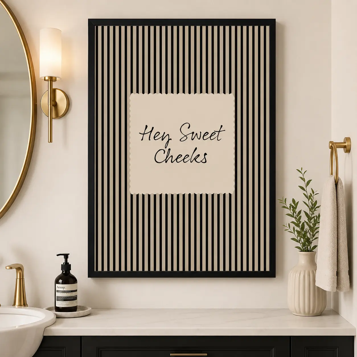 Funny Bathroom Wall Art, Hey Sweet Cheeks Canvas Print, Black Stripe Toilet Decor, Modern Farmhouse Bathroom Sign