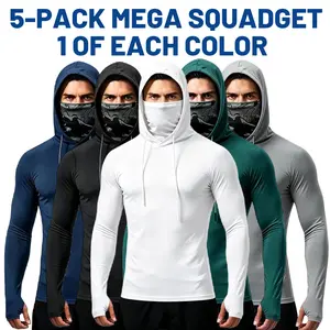 6/3 Pack Men's Sun Protection Long Sleeve Hooded Shirts, 4-Way Stretch Quick Dry Compression Work Shirt with Built-in Face Mask & Neck Gaiter, UV Protection for Fishing Cycling Gardening Outdoor Work Menswear Sweatshirts Breathable Slim Fit Polyester